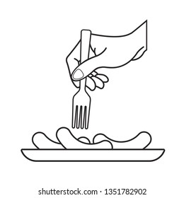 black and white isolated sausage plate and hand holding fork vector illustration
