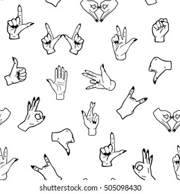 Black and white isolated seamless pattern with doodle set of hand gestures and symbols. Trendy patches with "Ok", "Cool", "Rock on" and other hand signs. Vector illustration in 80s-90s comic style.