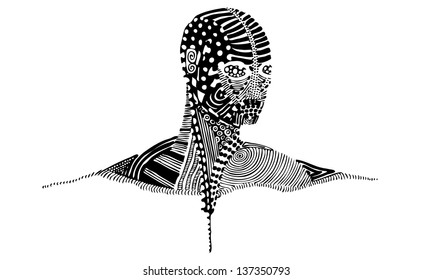 A black and white isolated vector EPS illustration of a person's head and shoulders covered with patterns  