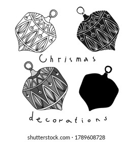 Black and white isolated vector illustration of Christmas tree toys decorations lined and silhouette. The design is perfect for cards, stickers, decorations, advertisements.