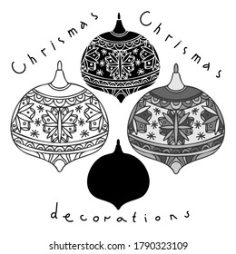 Ilustración vectorial aislada en blanco y negro de decoraciones de juguetes de árbol de Navidad alineados y silueta. El diseño es perfecto para tarjetas, pegatinas, decoraciones, anuncios.