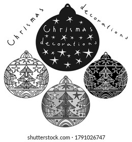 Black and white isolated vector illustration of Christmas tree toys decorations lined and silhouette. The design is perfect for cards, stickers, decorations, advertisements.