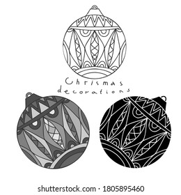 Black and white isolated vector illustration of Christmas tree toys decorations lined and silhouette. The design is perfect for cards, stickers, decorations, advertisements.