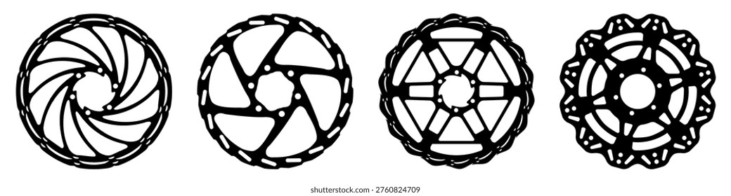 Black and white isolated vector illustration of four bicycle disc brake rotors with unique cutout and spoke patterns. Suitable for cycling graphics catalogs and technical mockups.