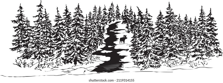 Black and white isolated, vector image of a doss standing by the river in the winter taiga.