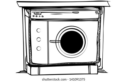 Black and white isolated vector sketch of a laundry washer machine dryer. Can be resized and coloured in.  
