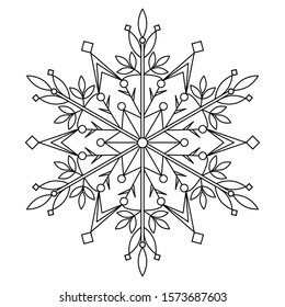 Black and white isolated vector symmetric snowflake mandala made of lines and ready for printing and coloring.
