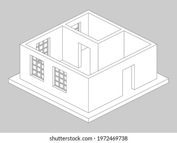 black and white isometric apartment. simple template for coloring