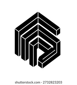 Elemento de logotipo de forma imposible geométrica isométrica en blanco y negro. Diseño Abstractas moderno del Vector de la figura de la ilusión óptica para la Tecnología, la marca Corporativa, y la identidad visual creativa.
