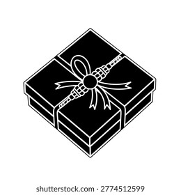 A black and white isometric illustration of a gift box tied with a ribbon and bow.