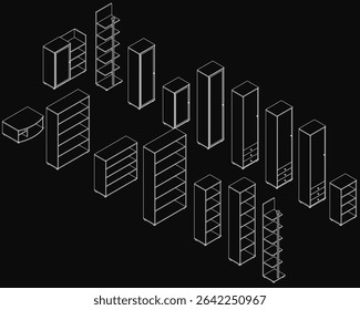 Um desenho de linha isométrica preto e branco de móveis domésticos, incluindo armários e prateleiras dispostos em um estilo de contorno 3D. O design apresenta linhas limpas e precisas com composição simétrica e.