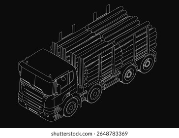 Um desenho de linha isométrica preto e branco de um caminhão com um reboque, com linhas geométricas limpas e um estilo minimalista. A ilustração detalhada inclui elementos de madeira.