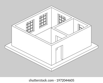 black and white isometric studio apartment. simple template for coloring