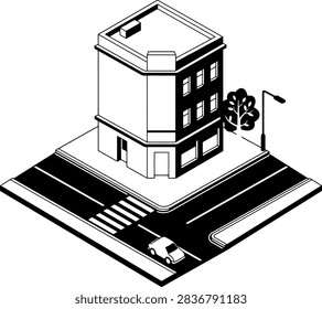 Black and white isometric vector illustration of a city corner building.