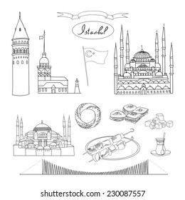 Black and white Istanbul tourist isolated object vector set. Galata Tower, Maiden's Tower, Blue Mosque, Hagia Sophia, Bosphorus Bridge, Simit, Baklava, Turkish Delight, Tea, Kebab, Turkish flag. 