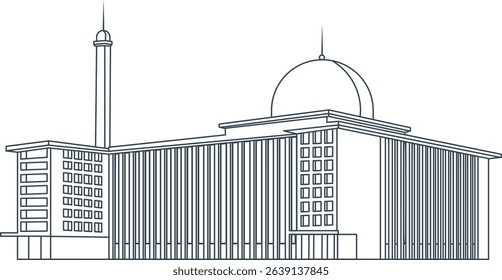 black and white istiqlal mosque vector image, the beauty of the istiqlal mosque black and white background. Line art of istiqlal Mosque. isolated istiqlal mosque with outline.