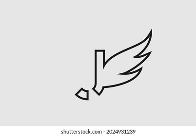 black white J simple alphabet letter logo icon with line design. Creative wing template for company 