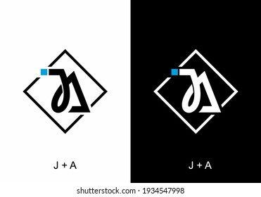 Diseño inicial de letras JA en blanco y negro