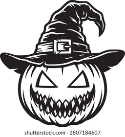 Black and White Jack O Lantern Wearing Witch Hat Halloween Vector Logo