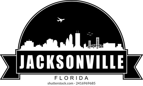 Schwarz-Weiß Jacksonville Florida Gebäude skyline-negative Luft Raum Silhouette Kuppel geformt Emblem mit Scrollbanner unten und Namen Text innen. Vektorgrafik-Design.