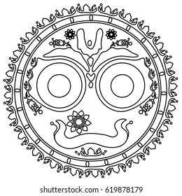 Black and white Jagannath on a white background. An Indian deity. Doodling style. Coloring book for adults. A poster in the temple.
