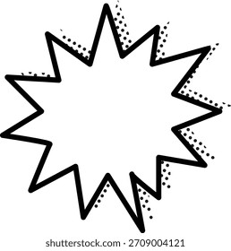Burbuja de discurso vacía en forma de estrella dentada en blanco y negro con efecto de semitono. Ilustración vectorial ideal para añadir texto en cómics, novelas gráficas o proyectos de diseño de arte pop.