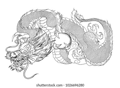 black and white Japanese Dragon tattoo.Outline Japanese dragon design  tattoo for Arm