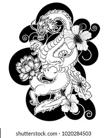 black and white Japanese Dragon for wallpaper and tattoo.Chinese dragon with Lotus,hibiscus and cherry flower on black cloud.