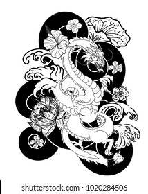 black and white Japanese Dragon for wallpaper and tattoo.Chinese dragon with Lotus,hibiscus and cherry flower on black cloud.