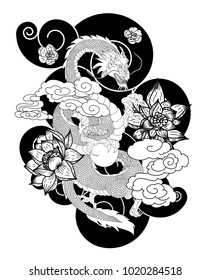 black and white Japanese Dragon for wallpaper and tattoo.Chinese dragon with Lotus,hibiscus and cherry flower on black cloud.
