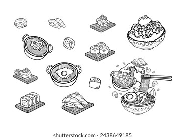 black and white japanese food set flat style illustrations