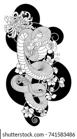 black and white Japanese snake cobra with chrysanthemum flower design.doodle and coloring book snake with cloud isolate on white background for tattoo style.Traditional Japanese culture for printing