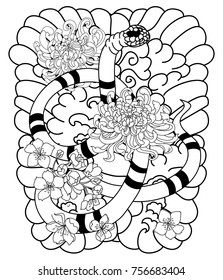 black and white Japanese snake cobra with chrysanthemum flower design. doodle and coloring book snake with cloud isolate on white background for tattoo style.