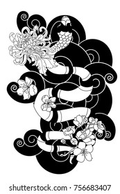 black and white Japanese snake cobra with chrysanthemum flower design. doodle and coloring book snake with cloud isolate on white background for tattoo style.