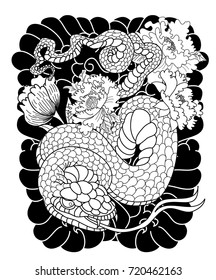 black and white Japanese snake with peony flower tattoo design.doodle and coloring book snake with peony flower isolate on white background.Traditional Japanese culture for printing on background.