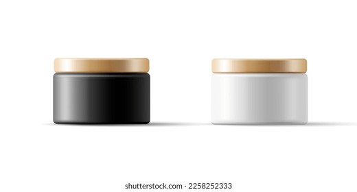 Schwarz-Weiß-Glas für Creme mit goldenem Deckel 3D. Realistische jar-Vorlage für die Werbung für kosmetische und pharmazeutische Produkte. Leer auf weißem Hintergrund.