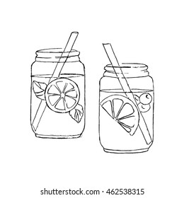 black white jar drinks lemon mint blueberry straw on white vector