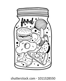 Black and white jar with fast food and fruits. Vector illustration for children and adult coloring.