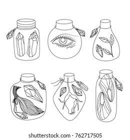 Black and white jars set isolated. Magical eye, crystals gemstones, wings of butterfly and rose flower inside. Hand drawn elements, can be used for design of coloring book. Vector illustration.