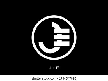 Black and white of JE initial letter in circle design