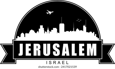 Black and white Jerusalem Israel buildings skyline negative air space silhouette dome shaped emblem with scroll banner below and name text inside. Vector eps graphic design.