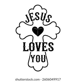 Black and White Jesus Loves You Cross Vector Design with Rounded Edges, and Heart