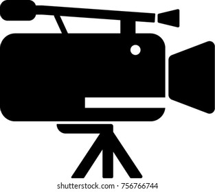 Black and white journalism video camera in flat style illustration. Glyph icon or symbol.