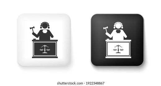 Black and white Judge with gavel on table icon isolated on white background. Square button. Vector.