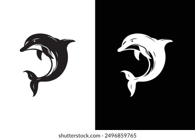 Black and white jumping dolphin vector illustration, Silhouette of a dolphin icon isolated on white background.