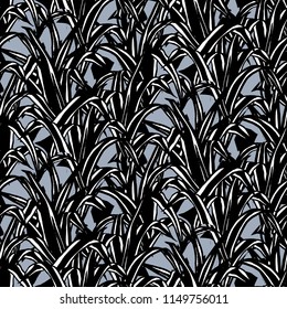 Black and white jungle background with silhouette of paradise tropic and banana leaves. Vector seamless floral pattern with tropical nature and shape of palm leaves, fern. Summer tropical background