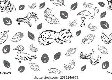 Black and White Jungle Wildlife Pattern with Leaves and Animals