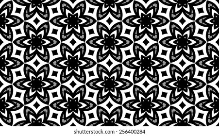Black and white kaleidoscope, seamless vector pattern, abstract geometric background