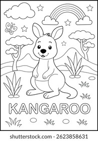 Página de coloração de canguru preto e branco para crianças - Diversão e educacional animal planilha imprimível para pré-escola e jardim de infância
