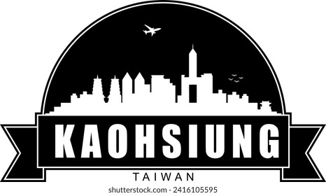 Black and white Kaohsiung Taiwan city buildings skyline negative air space silhouette dome shaped emblem with scroll banner below and name text inside. Vector eps graphic design.